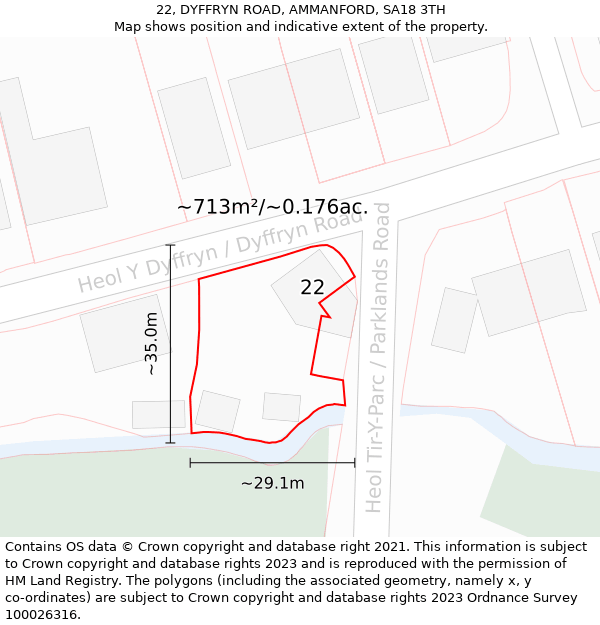 22, DYFFRYN ROAD, AMMANFORD, SA18 3TH: Plot and title map