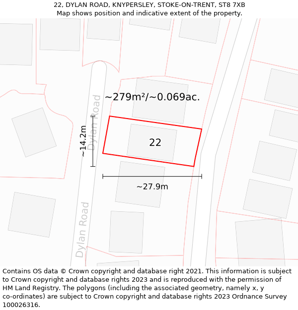 22, DYLAN ROAD, KNYPERSLEY, STOKE-ON-TRENT, ST8 7XB: Plot and title map