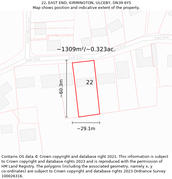 22, EAST END, KIRMINGTON, ULCEBY, DN39 6YS: Plot and title map