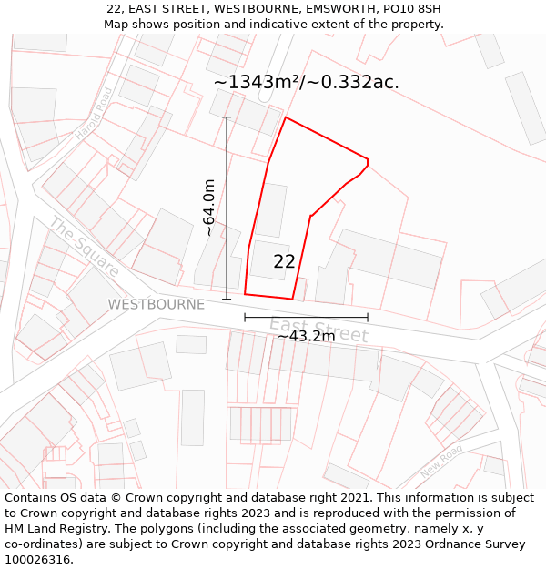 22, EAST STREET, WESTBOURNE, EMSWORTH, PO10 8SH: Plot and title map