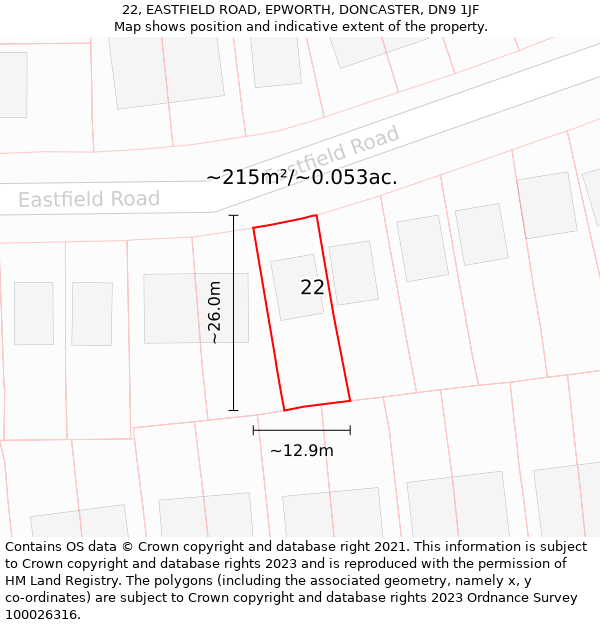 22, EASTFIELD ROAD, EPWORTH, DONCASTER, DN9 1JF: Plot and title map