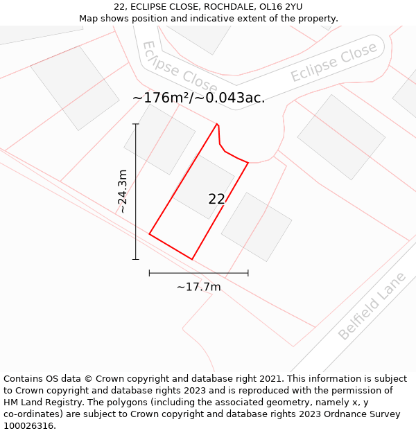 22, ECLIPSE CLOSE, ROCHDALE, OL16 2YU: Plot and title map