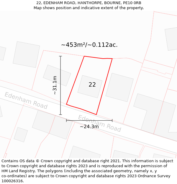 22, EDENHAM ROAD, HANTHORPE, BOURNE, PE10 0RB: Plot and title map