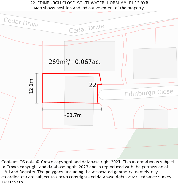 22, EDINBURGH CLOSE, SOUTHWATER, HORSHAM, RH13 9XB: Plot and title map