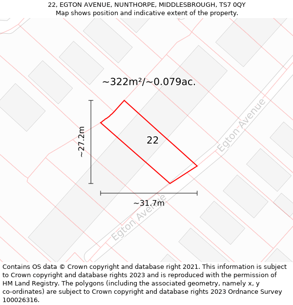 22, EGTON AVENUE, NUNTHORPE, MIDDLESBROUGH, TS7 0QY: Plot and title map