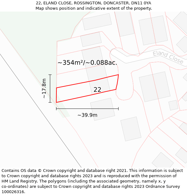 22, ELAND CLOSE, ROSSINGTON, DONCASTER, DN11 0YA: Plot and title map