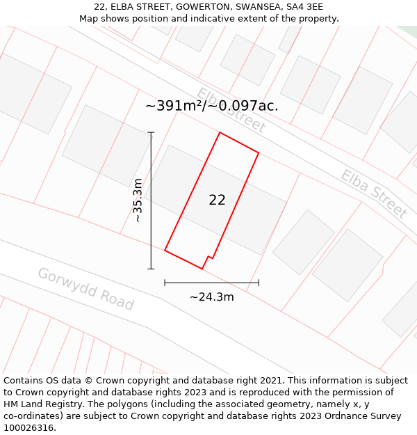 22, ELBA STREET, GOWERTON, SWANSEA, SA4 3EE: Plot and title map