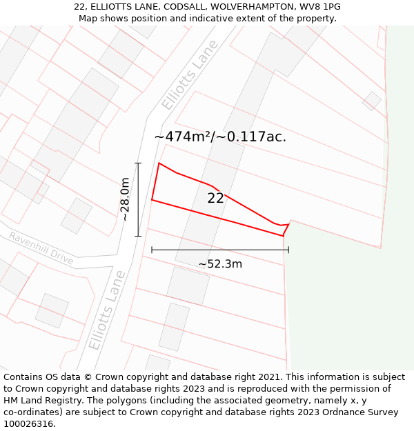 22, ELLIOTTS LANE, CODSALL, WOLVERHAMPTON, WV8 1PG: Plot and title map