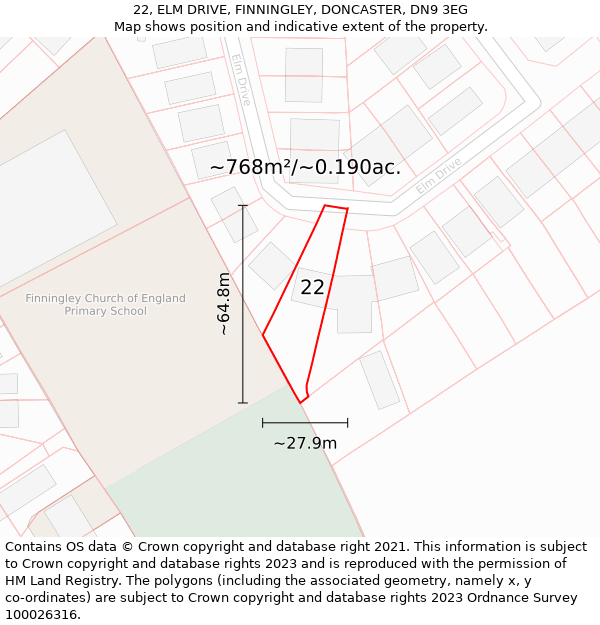 22, ELM DRIVE, FINNINGLEY, DONCASTER, DN9 3EG: Plot and title map