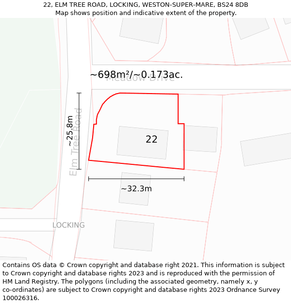 22, ELM TREE ROAD, LOCKING, WESTON-SUPER-MARE, BS24 8DB: Plot and title map