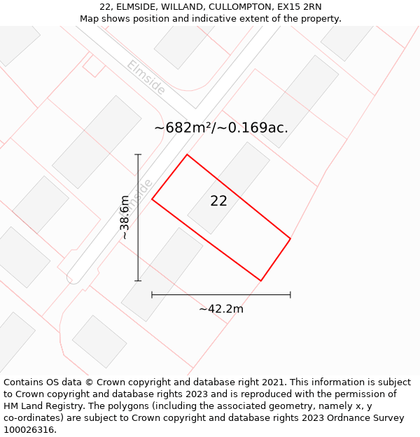 22, ELMSIDE, WILLAND, CULLOMPTON, EX15 2RN: Plot and title map