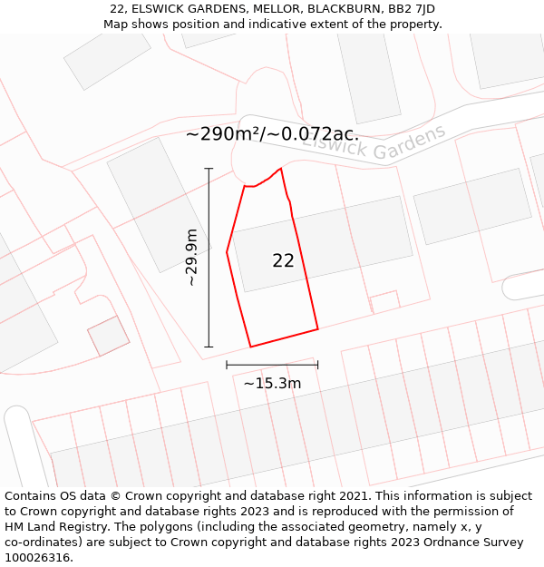 22, ELSWICK GARDENS, MELLOR, BLACKBURN, BB2 7JD: Plot and title map