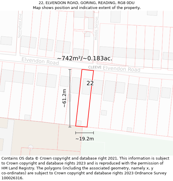 22, ELVENDON ROAD, GORING, READING, RG8 0DU: Plot and title map