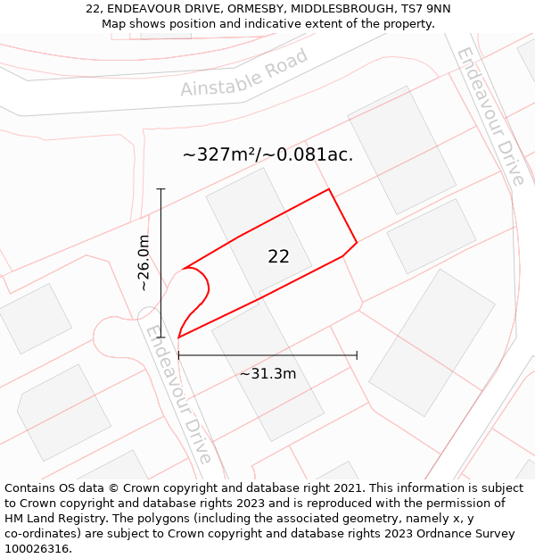 22, ENDEAVOUR DRIVE, ORMESBY, MIDDLESBROUGH, TS7 9NN: Plot and title map