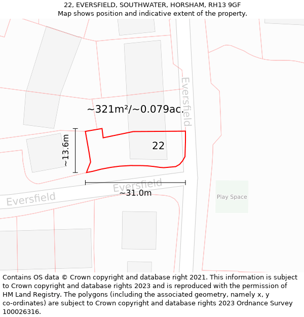 22, EVERSFIELD, SOUTHWATER, HORSHAM, RH13 9GF: Plot and title map