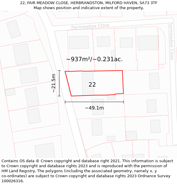 22, FAIR MEADOW CLOSE, HERBRANDSTON, MILFORD HAVEN, SA73 3TF: Plot and title map