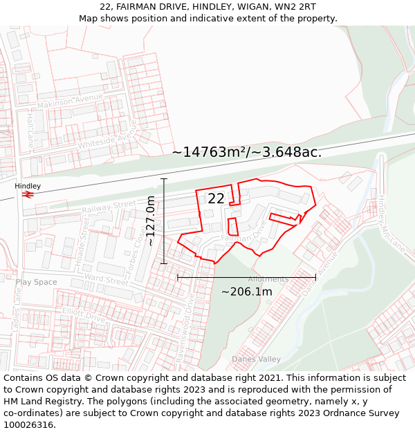 22, FAIRMAN DRIVE, HINDLEY, WIGAN, WN2 2RT: Plot and title map