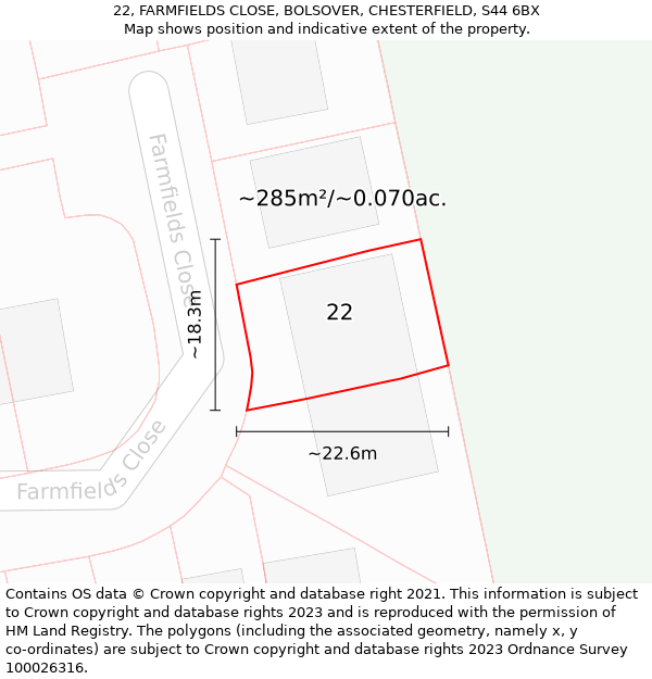 22, FARMFIELDS CLOSE, BOLSOVER, CHESTERFIELD, S44 6BX: Plot and title map