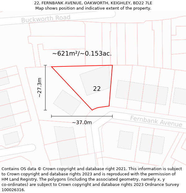 22, FERNBANK AVENUE, OAKWORTH, KEIGHLEY, BD22 7LE: Plot and title map