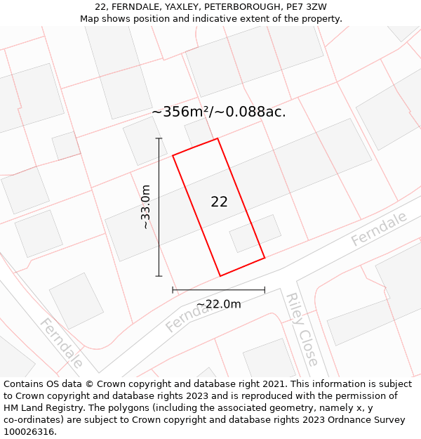 22, FERNDALE, YAXLEY, PETERBOROUGH, PE7 3ZW: Plot and title map