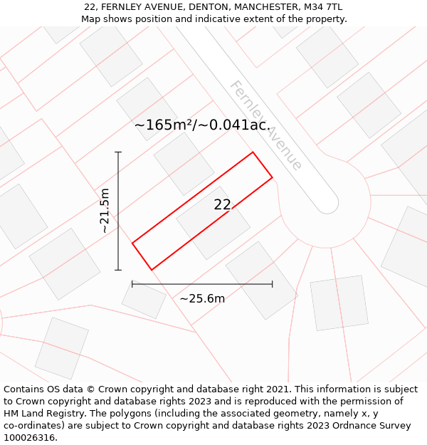 22, FERNLEY AVENUE, DENTON, MANCHESTER, M34 7TL: Plot and title map