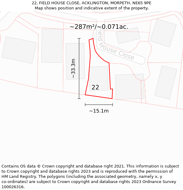 22, FIELD HOUSE CLOSE, ACKLINGTON, MORPETH, NE65 9PE: Plot and title map