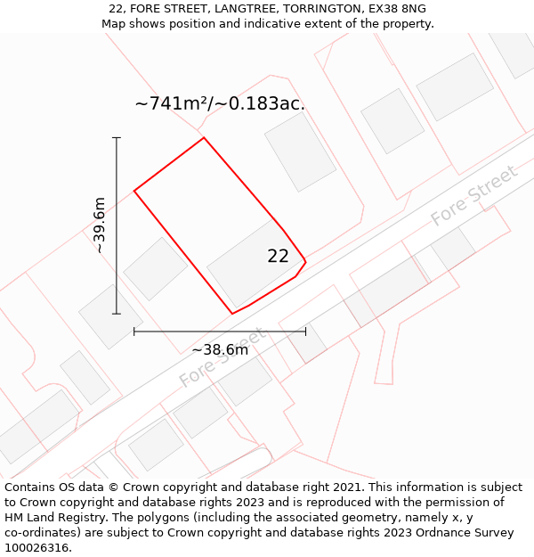 22, FORE STREET, LANGTREE, TORRINGTON, EX38 8NG: Plot and title map