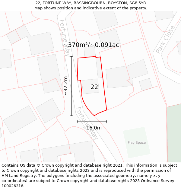 22, FORTUNE WAY, BASSINGBOURN, ROYSTON, SG8 5YR: Plot and title map