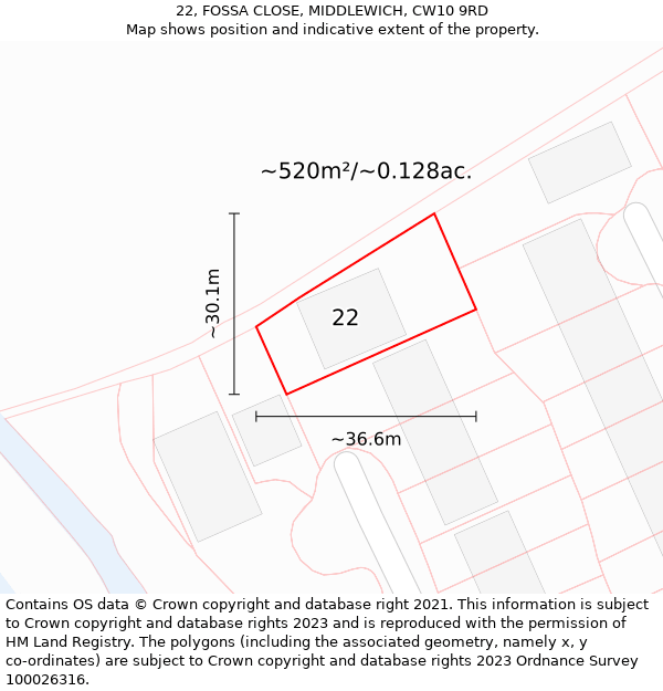 22, FOSSA CLOSE, MIDDLEWICH, CW10 9RD: Plot and title map