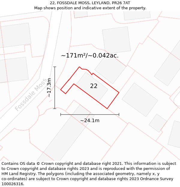 22, FOSSDALE MOSS, LEYLAND, PR26 7AT: Plot and title map