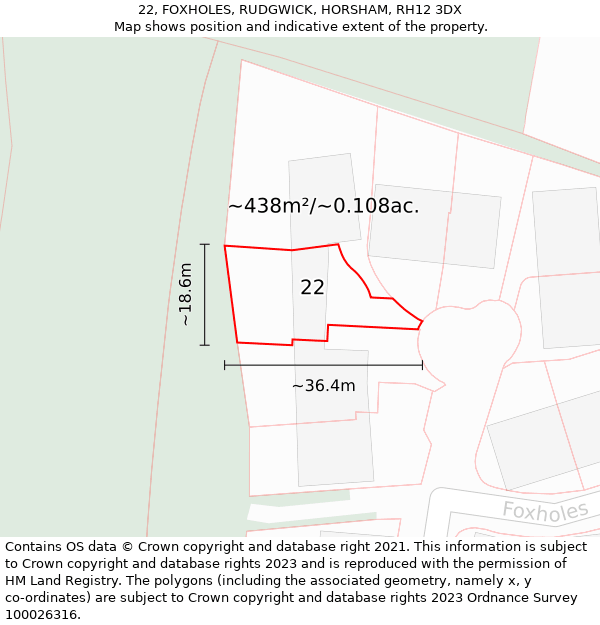 22, FOXHOLES, RUDGWICK, HORSHAM, RH12 3DX: Plot and title map