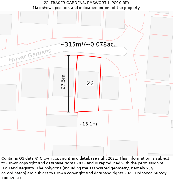 22, FRASER GARDENS, EMSWORTH, PO10 8PY: Plot and title map