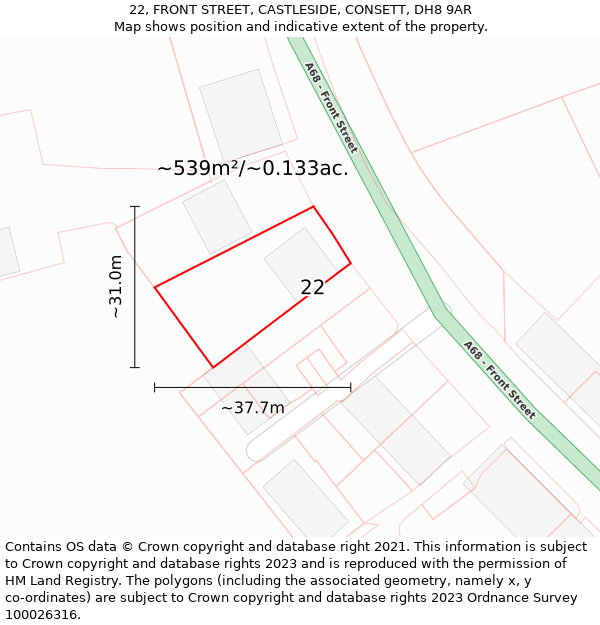 22, FRONT STREET, CASTLESIDE, CONSETT, DH8 9AR: Plot and title map