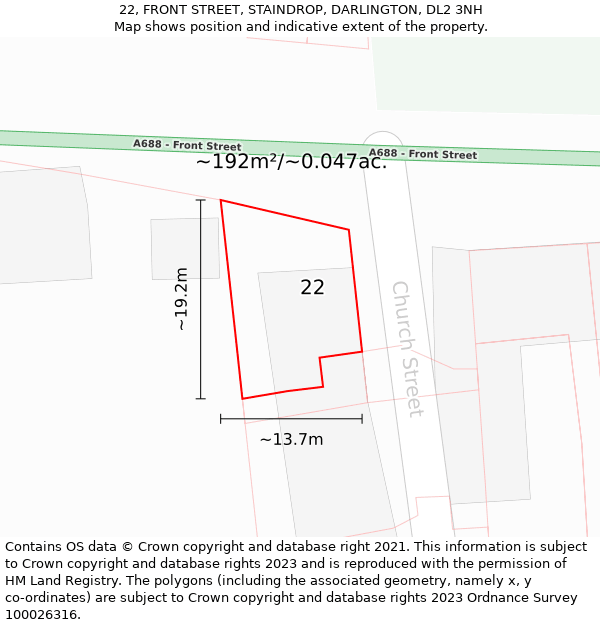 22, FRONT STREET, STAINDROP, DARLINGTON, DL2 3NH: Plot and title map