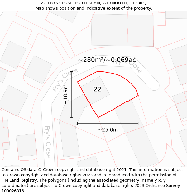 22, FRYS CLOSE, PORTESHAM, WEYMOUTH, DT3 4LQ: Plot and title map