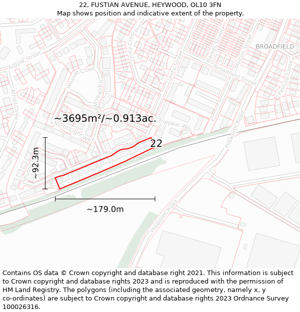 22, FUSTIAN AVENUE, HEYWOOD, OL10 3FN: Plot and title map