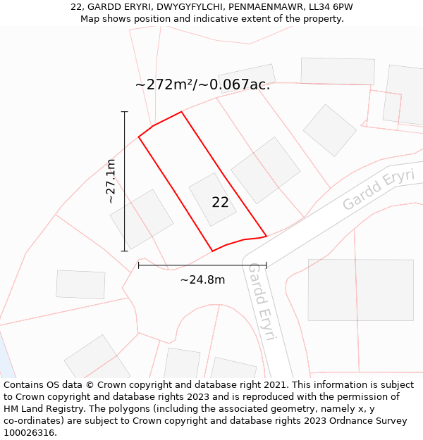 22, GARDD ERYRI, DWYGYFYLCHI, PENMAENMAWR, LL34 6PW: Plot and title map