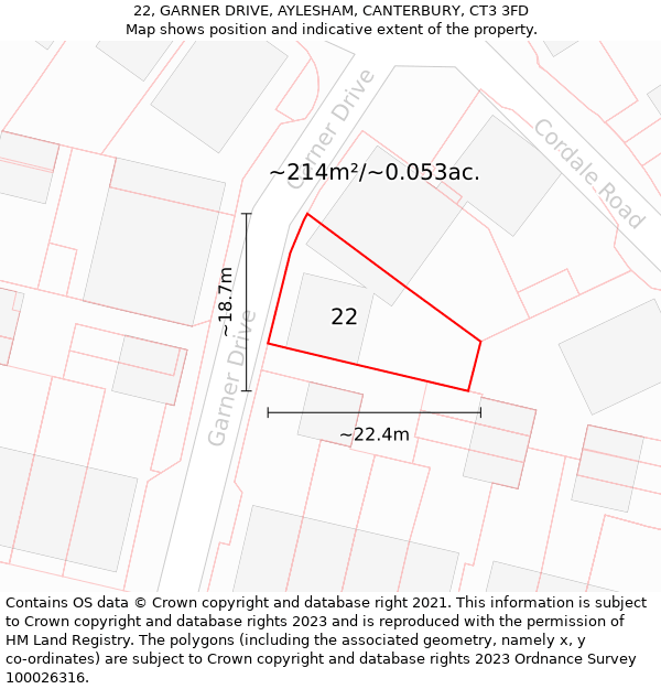 22, GARNER DRIVE, AYLESHAM, CANTERBURY, CT3 3FD: Plot and title map