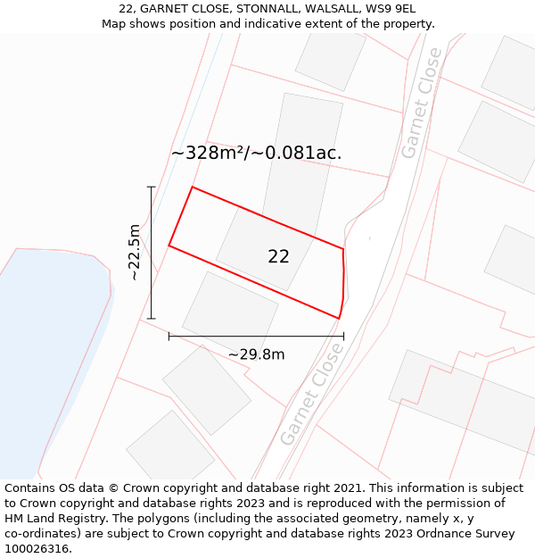 22, GARNET CLOSE, STONNALL, WALSALL, WS9 9EL: Plot and title map