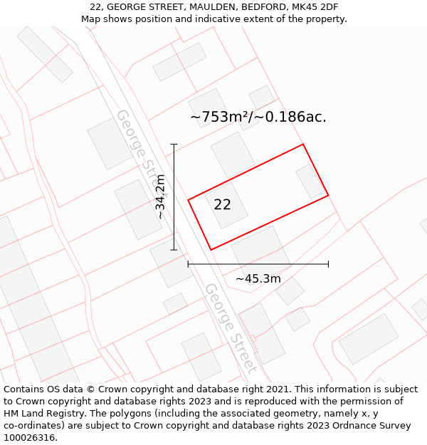 22, GEORGE STREET, MAULDEN, BEDFORD, MK45 2DF: Plot and title map