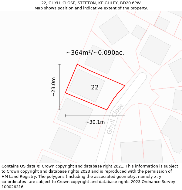 22, GHYLL CLOSE, STEETON, KEIGHLEY, BD20 6PW: Plot and title map