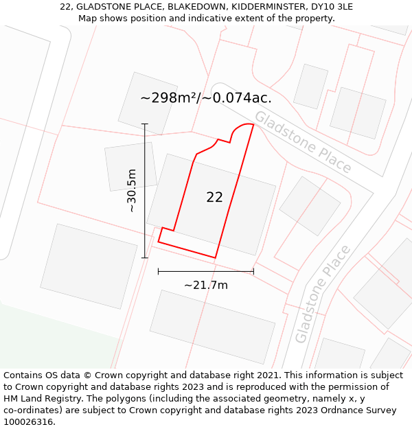 22, GLADSTONE PLACE, BLAKEDOWN, KIDDERMINSTER, DY10 3LE: Plot and title map