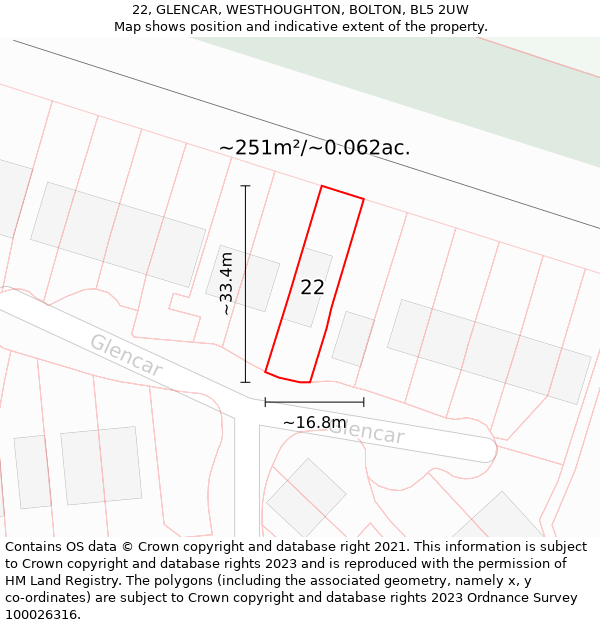 22, GLENCAR, WESTHOUGHTON, BOLTON, BL5 2UW: Plot and title map