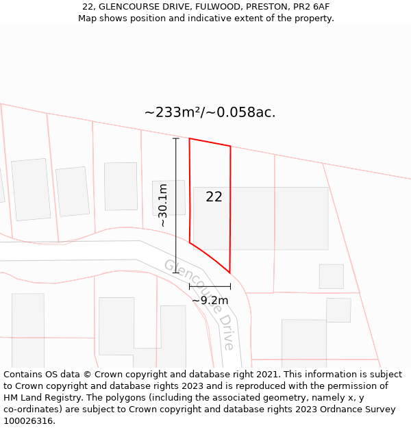 22, GLENCOURSE DRIVE, FULWOOD, PRESTON, PR2 6AF: Plot and title map