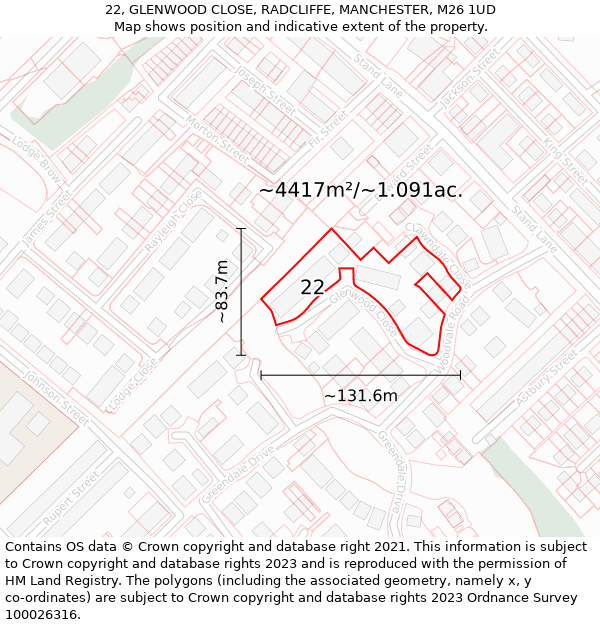 22, GLENWOOD CLOSE, RADCLIFFE, MANCHESTER, M26 1UD: Plot and title map