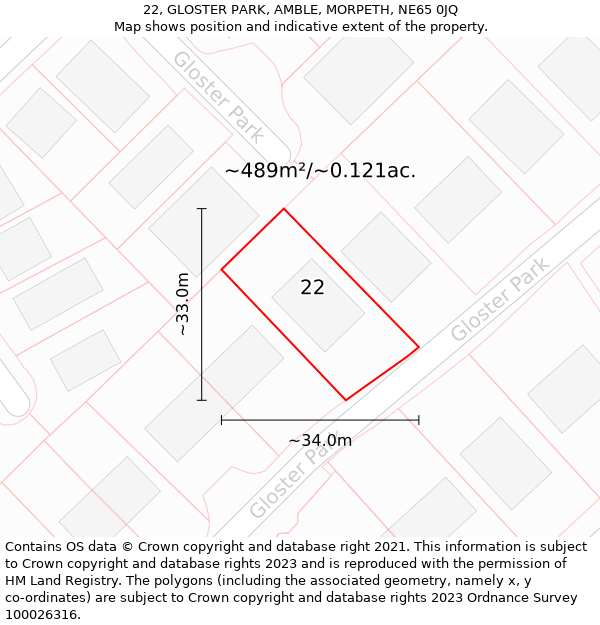 22, GLOSTER PARK, AMBLE, MORPETH, NE65 0JQ: Plot and title map