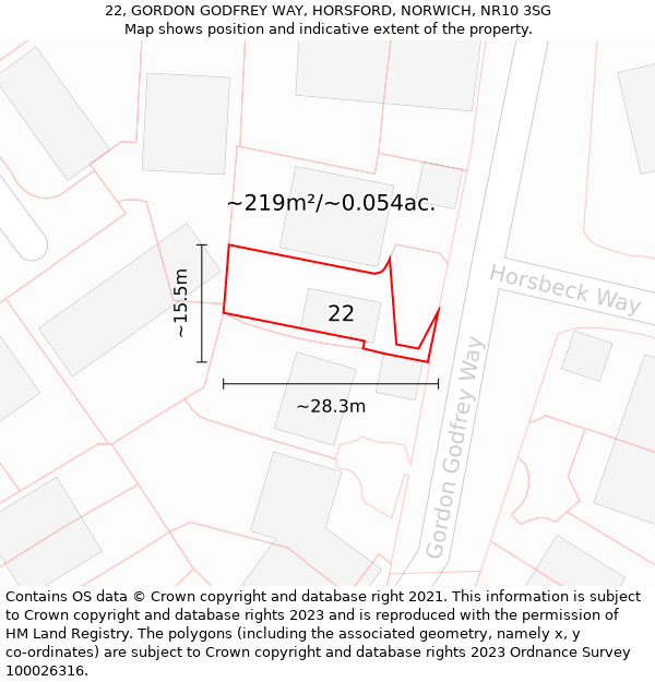 22, GORDON GODFREY WAY, HORSFORD, NORWICH, NR10 3SG: Plot and title map