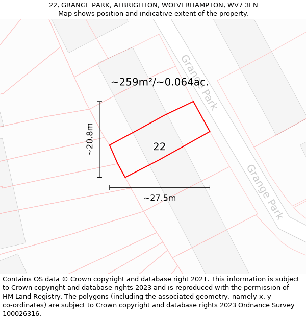 22, GRANGE PARK, ALBRIGHTON, WOLVERHAMPTON, WV7 3EN: Plot and title map