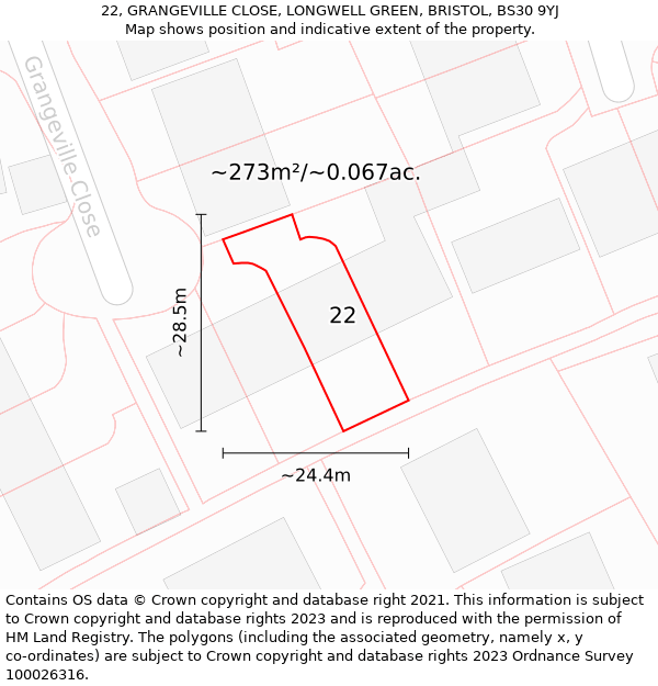22, GRANGEVILLE CLOSE, LONGWELL GREEN, BRISTOL, BS30 9YJ: Plot and title map