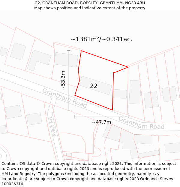 22, GRANTHAM ROAD, ROPSLEY, GRANTHAM, NG33 4BU: Plot and title map